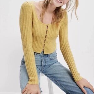 NWT American Eagle Yellow Ribbed Button-Up Cardigan